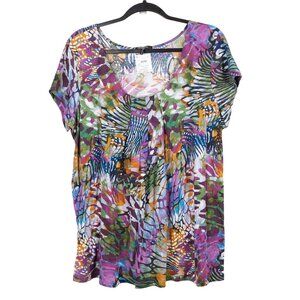 Daisy Fuentes Y2K Pleated Shirt XL Multicolor Tropical Summer Cap Sleeve Cotton